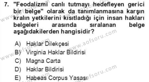 İnsan Hakları ve Demokratikleşme Süreci Dersi 2021 - 2022 Yılı (Final) Dönem Sonu Sınavı 7. Soru