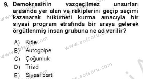 İnsan Hakları ve Demokratikleşme Süreci Dersi 2021 - 2022 Yılı (Final) Dönem Sonu Sınavı 9. Soru