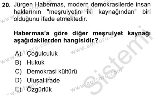 İnsan Hakları ve Demokratikleşme Süreci Dersi 2022 - 2023 Yılı (Vize) Ara Sınavı 20. Soru