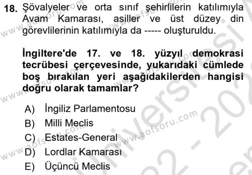 İnsan Hakları ve Demokratikleşme Süreci Dersi 2022 - 2023 Yılı (Final) Dönem Sonu Sınavı 18. Soru