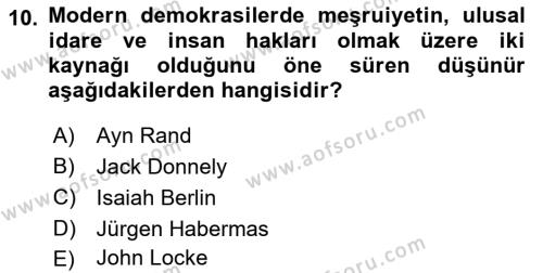 İnsan Hakları ve Demokratikleşme Süreci Dersi 2022 - 2023 Yılı Yaz Okulu Sınavı 10. Soru