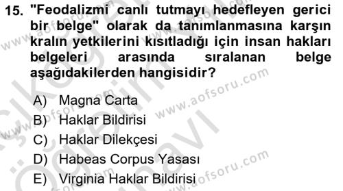 İnsan Hakları ve Demokratikleşme Süreci Dersi 2022 - 2023 Yılı Yaz Okulu Sınavı 15. Soru