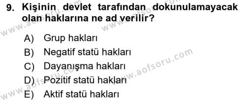 İnsan Hakları ve Demokratikleşme Süreci Dersi 2022 - 2023 Yılı Yaz Okulu Sınavı 9. Soru