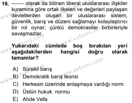 İnsan Hakları ve Demokratikleşme Süreci Dersi 2023 - 2024 Yılı (Vize) Ara Sınavı 16. Soru