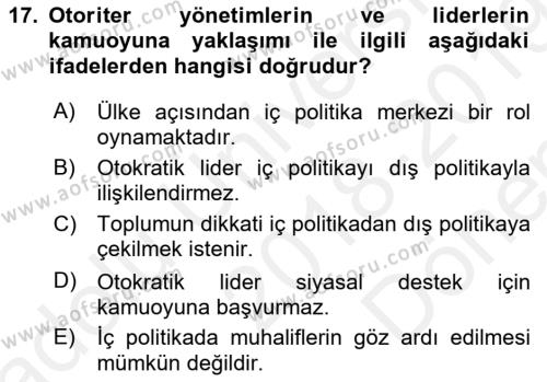 Diş Politika Analizi Dersi 2018 - 2019 Yılı (Final) Dönem Sonu Sınavı 17. Soru