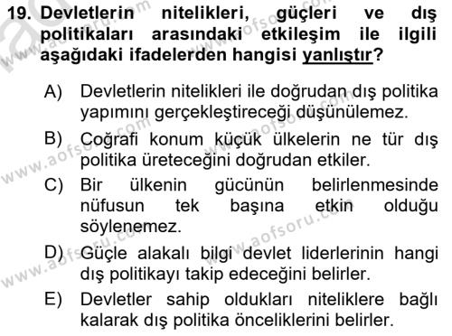 Diş Politika Analizi Dersi 2022 - 2023 Yılı Yaz Okulu Sınavı 19. Soru