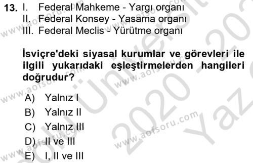 Karşılaştırmalı Siyasal Sistemler Dersi 2020 - 2021 Yılı Yaz Okulu Sınavı 13. Soru