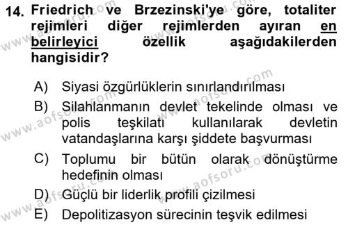 Karşılaştırmalı Siyasal Sistemler Dersi 2020 - 2021 Yılı Yaz Okulu Sınavı 14. Soru