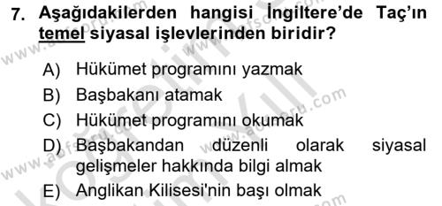 Karşılaştırmalı Siyasal Sistemler Dersi 2020 - 2021 Yılı Yaz Okulu Sınavı 7. Soru