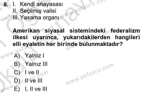 Karşılaştırmalı Siyasal Sistemler Dersi 2020 - 2021 Yılı Yaz Okulu Sınavı 8. Soru