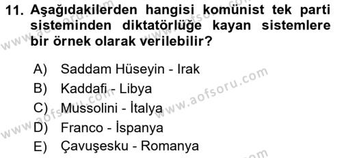 Karşılaştırmalı Siyasal Sistemler Dersi 2021 - 2022 Yılı (Final) Dönem Sonu Sınavı 11. Soru