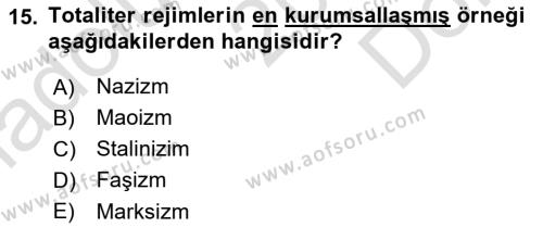 Karşılaştırmalı Siyasal Sistemler Dersi 2021 - 2022 Yılı (Final) Dönem Sonu Sınavı 15. Soru