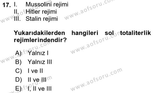 Karşılaştırmalı Siyasal Sistemler Dersi 2021 - 2022 Yılı Yaz Okulu Sınavı 17. Soru