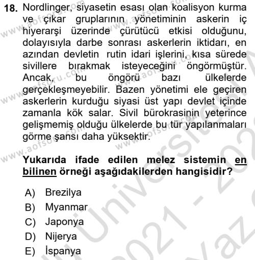 Karşılaştırmalı Siyasal Sistemler Dersi 2021 - 2022 Yılı Yaz Okulu Sınavı 18. Soru