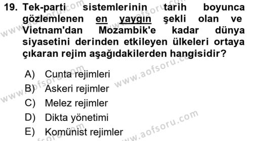 Karşılaştırmalı Siyasal Sistemler Dersi 2021 - 2022 Yılı Yaz Okulu Sınavı 19. Soru