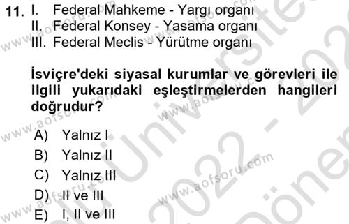 Karşılaştırmalı Siyasal Sistemler Dersi 2022 - 2023 Yılı (Final) Dönem Sonu Sınavı 11. Soru