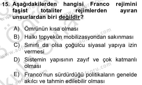 Karşılaştırmalı Siyasal Sistemler Dersi 2022 - 2023 Yılı Yaz Okulu Sınavı 15. Soru