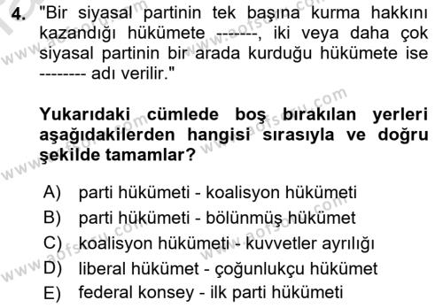 Karşılaştırmalı Siyasal Sistemler Dersi 2022 - 2023 Yılı Yaz Okulu Sınavı 4. Soru