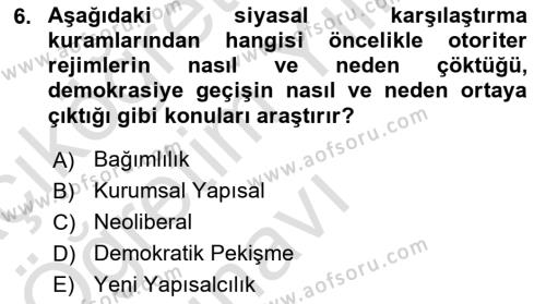 Karşılaştırmalı Siyasal Sistemler Dersi 2022 - 2023 Yılı Yaz Okulu Sınavı 6. Soru