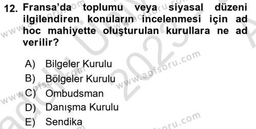 Karşılaştırmalı Siyasal Sistemler Dersi 2023 - 2024 Yılı (Vize) Ara Sınavı 12. Soru