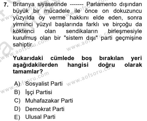 Karşılaştırmalı Siyasal Sistemler Dersi 2023 - 2024 Yılı (Vize) Ara Sınavı 7. Soru