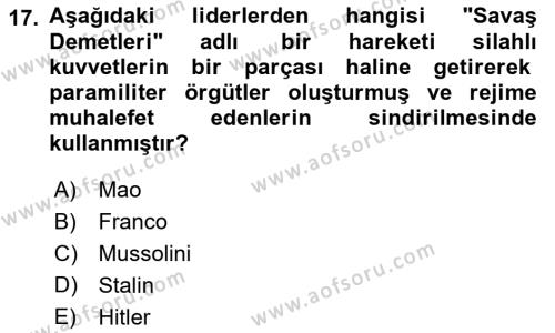 Karşılaştırmalı Siyasal Sistemler Dersi 2023 - 2024 Yılı (Final) Dönem Sonu Sınavı 17. Soru