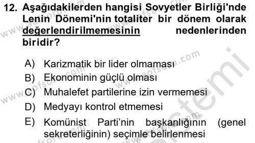 Karşılaştırmalı Siyasal Sistemler Dersi 2023 - 2024 Yılı Yaz Okulu Sınavı 12. Soru