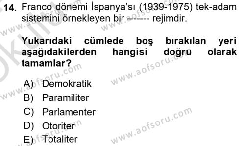 Karşılaştırmalı Siyasal Sistemler Dersi 2023 - 2024 Yılı Yaz Okulu Sınavı 14. Soru