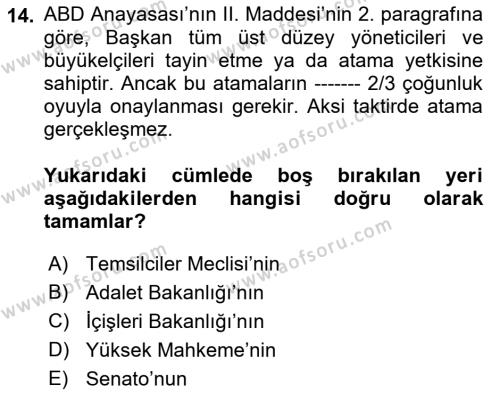 Amerikan Dış Politikası Dersi 2022 - 2023 Yılı Yaz Okulu Sınavı 14. Soru