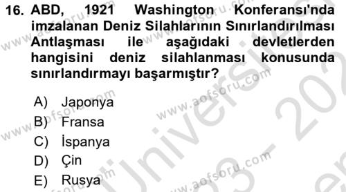 Amerikan Dış Politikası Dersi 2023 - 2024 Yılı (Final) Dönem Sonu Sınavı 16. Soru