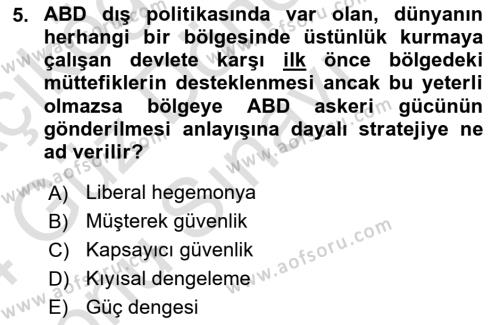 Amerikan Dış Politikası Dersi 2023 - 2024 Yılı (Final) Dönem Sonu Sınavı 5. Soru