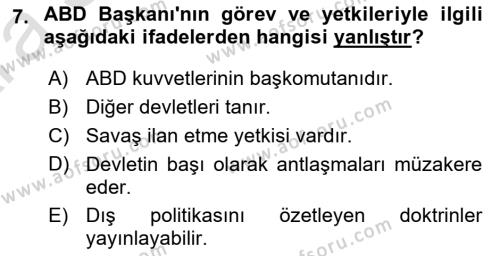 Amerikan Dış Politikası Dersi 2024 - 2025 Yılı (Vize) Ara Sınavı 7. Soru