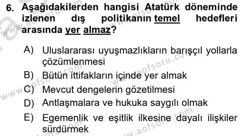 Türk Dış Politikası 1 Dersi 2022 - 2023 Yılı (Vize) Ara Sınavı 6. Soru