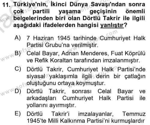 Türk Dış Politikası 1 Dersi 2022 - 2023 Yılı Yaz Okulu Sınavı 11. Soru