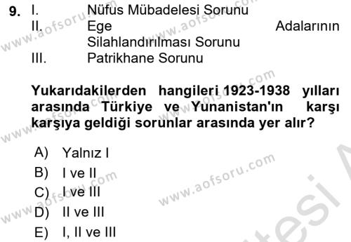 Türk Dış Politikası 1 Dersi 2023 - 2024 Yılı (Vize) Ara Sınavı 9. Soru