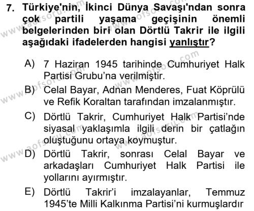 Türk Dış Politikası 1 Dersi 2023 - 2024 Yılı (Final) Dönem Sonu Sınavı 7. Soru