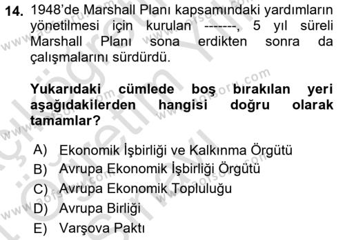 Türk Dış Politikası 1 Dersi 2023 - 2024 Yılı Yaz Okulu Sınavı 14. Soru