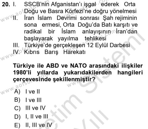 Türk Dış Politikası 1 Dersi 2023 - 2024 Yılı Yaz Okulu Sınavı 20. Soru