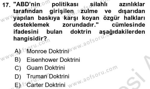 Türk Dış Politikası 1 Dersi 2024 - 2025 Yılı (Vize) Ara Sınavı 17. Soru