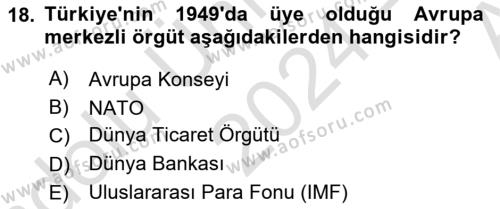 Türk Dış Politikası 1 Dersi 2024 - 2025 Yılı (Vize) Ara Sınavı 18. Soru