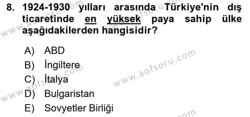 Türk Dış Politikası 1 Dersi 2024 - 2025 Yılı (Vize) Ara Sınavı 8. Soru