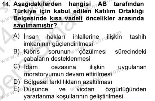 Türk Dış Politikası 2 Dersi 2013 - 2014 Yılı Tek Ders Sınavı 14. Soru