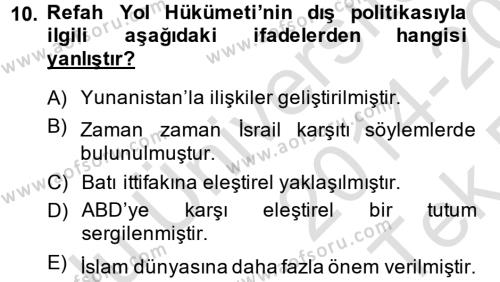 Türk Dış Politikası 2 Dersi 2014 - 2015 Yılı Tek Ders Sınavı 10. Soru