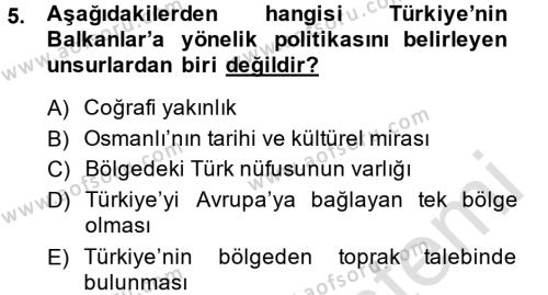 Türk Dış Politikası 2 Dersi 2014 - 2015 Yılı Tek Ders Sınavı 5. Soru