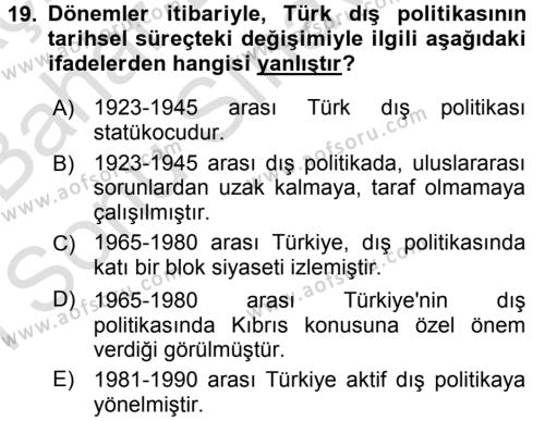 Türk Dış Politikası 2 Dersi 2015 - 2016 Yılı (Final) Dönem Sonu Sınavı 19. Soru