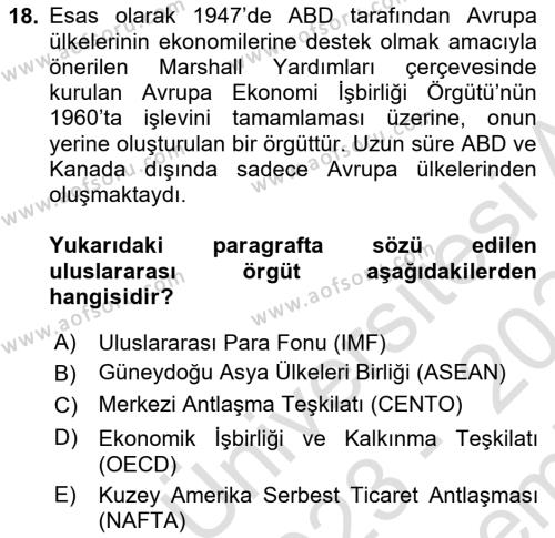 Türk Dış Politikası 2 Dersi 2023 - 2024 Yılı (Final) Dönem Sonu Sınavı 18. Soru