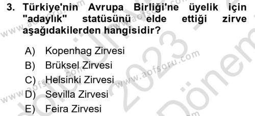 Türk Dış Politikası 2 Dersi 2023 - 2024 Yılı (Final) Dönem Sonu Sınavı 3. Soru