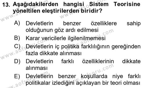 Uluslararası İlişkiler Kuramları 1 Dersi 2022 - 2023 Yılı (Final) Dönem Sonu Sınavı 13. Soru