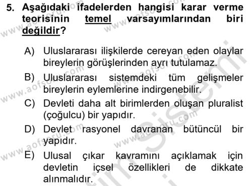 Uluslararası İlişkiler Kuramları 1 Dersi 2022 - 2023 Yılı (Final) Dönem Sonu Sınavı 5. Soru