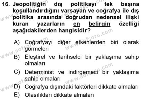 Uluslararası İlişkiler Kuramları 1 Dersi 2022 - 2023 Yılı Yaz Okulu Sınavı 16. Soru